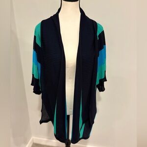 Exclusively Misook Striped Open Cardigan in Teal, Turquoise & Navy